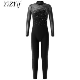 Kids Girls Gymnastics Leotard Unitard Long Sleeve Shiny Rhinestone Full Length Bodysuit One Piece Figure Ice Skating Jumpsuit