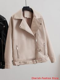 PU Faux Leather Jacket Women Loose Sashes Casual Biker Jackets Outwear Female Tops BF Style Black Leather Jacket Coat Pink Colour