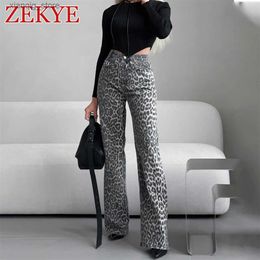 Men's Jeans Zekye Elegant Grey Leopard Printed Jeans High Waist Straight Leg Vintage High Street Black Jeans Pants Women Formal Korean Retro L49