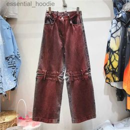 Women's Jeans 2023 New Womens Cargo Pants Red Wine Wide Legged Mens Broken Punk Lacquer Casual Empire Long denim Capris Jeans C240411