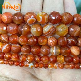 Natural Red Striped Agates Onyx Beads Faceted Round Loose Beads 4/6/8/10/12mm DIY Bracelet Earrings Jewelry Making 15'' Strand