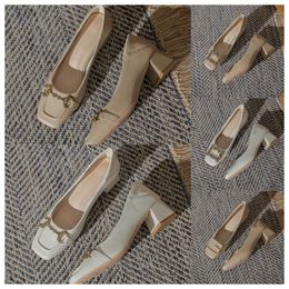 New Designer High square toe white women fashionable middle heels soft soles thick heels and single shoes