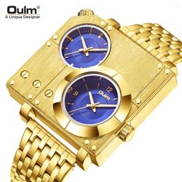 Wristwatches Fashion Oulm Golden Luxury Top Brand Full Stainless Steel Big Size Quartz Clock Two Time Zone Movement Military Sports Men