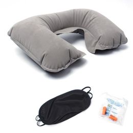Outdoor Tourism Pillows Flocking Inflatable U-shaped Pillow Car Travel Pillow With Soundproof Earplugs Blackout Eye Mask Set