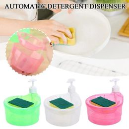 Liquid Soap Dispenser With Cleaning Sponge Automatic Detergent Press-Type Plastic Dish Manual Bottle