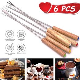 Forks 6Pc Stainless Steel Fondue Wood Handle Chocolate Fork Heat Resistant Pot Fruit Dessert Skewer Kitchen Tool