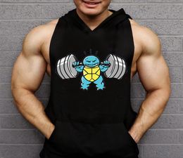 Men039s Cartoon Print Cotton Bodybuilding Fitness Loose Hooded Tank Tops For Boys Summer Casual Sports Muscle Gym Sleeveless T3263930