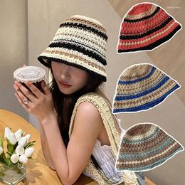 Berets Women's Striped Bucket Hats Colorful Wool Knitted Hollow-Out Dome Fisherman's Hat Spring Summer Breathable Sunscreen Sun Caps