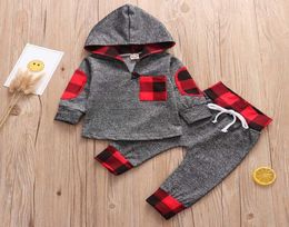 2Pcs Baby Boys Clothes Set Autumn Red Plaid Newborn Infant Outfit Cotton Hooded Top Pants Casual Toddler Kids Clothing Suit6637348