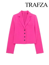 Women's Suits TRAFZA Rose Red Basic Textured Blazer 2024 Spring Retro Lapel Single-breasted Office Slim Short Top Y2K
