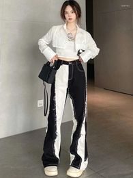 Women's Jeans Fashion Irregular Stitching Contrast Colour Rough Edge Straight High Waist Denim Pants Autumn 2024 4XL