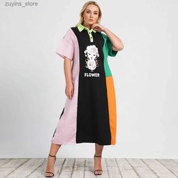 Basic Casual Dresses Plus Size Polo Collar Striped Colour Block Dress Women Summer Short Sleeve Fashion Street Style Korean Casual Long Dress L49