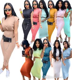 Summer Women Two Piece Dress Suit Sexy Sleeveless Shoulder Pad Tshirt One Step Skirt Versatile Fashion Casual Dresses SXXL5338311