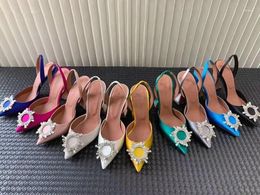 Dress Shoes Ladies Designer AMINA MUADDI Begum Satin Crystal Slingback Glass Pumps Stiletto Heel Pointed Toe Rosie Flare Heels Sale