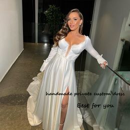 White Long Wedding Dresses Full Sleeve Lace Satin Side Split Bridesmaid Wedding Gowns with Train Israel Civil Bride Dress