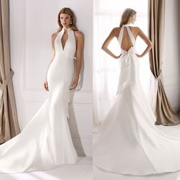 Sexy Long Satin V-Neck Wedding Dresses With Bow Mermaid Sleeveless Ivory Pleated Zipper Back Sweep Train Bridal Gowns for Women