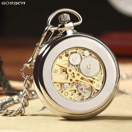 Luxury Silver Skeleton Mechacnical Mens Pocket Watch with FOB Chain Smooth Steel Women Unisex Hand winding Watches 240327