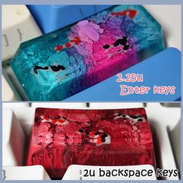 Keyboards Handmade Keycaps Personality Scenery Koi Backspace Resin Keycaps For Cherry Mx Switch Mechanical Keyboard 2.25U Enter Keycap