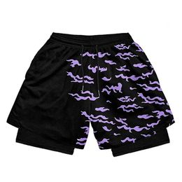 Mens 2 in 1 Running Shorts Male Workout Anime Training Yoga Gym Sportswear Pants Sport Short with Pockets 240403