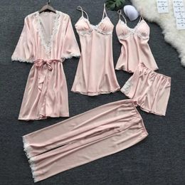 Home Clothing Casual Occasion Pajama Set Elegant Silky Satin Lace Patchwork Women's Pajamas With Loose Lace-up Waist Top Shorts Pants 5