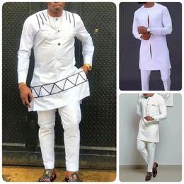 African Men Dashiki Long Sleeve 2 Piece Set Traditional Outfit Africa Clothing White Mens Suit Male Shirt Pants Suits 240403