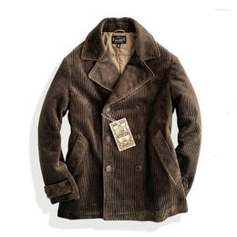 Men's Jackets Pea Coat Corduroy Double-breasted Thick Regular Fit Military Safari Style America Vintage Winter Warm Wear