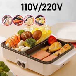 Pots 110V/220V 2 IN 1 Electric Hot Pot BBQ Grill Multicooker Cooking Pot Electric BBQ Grill Non Stick Plate Barbecue Pan Hotpot 1200W