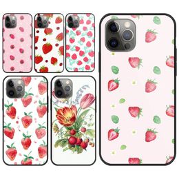 Cute Strawberry Flowers Phone Case For iPhone 14 13 12 11 XS X 8 7 6 Plus Mini Pro Max SE 2022 Black PC TPU Glass Phone Cover