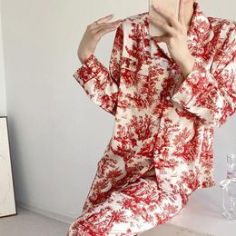 Home Clothing Summer Spring Trousers Set Lady Red Print Pyjamas Silk Satin Pijama Mujer Long Sleeve Clothes Loungewear Pyjama Pour Femmer