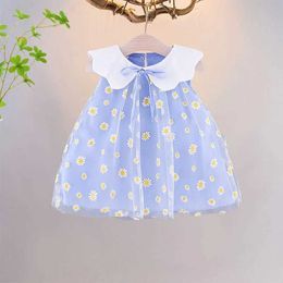 Girl's Dresses New Childrens Dress Summer Childrens Dress for Girls Beautiful Small Daisy Mesh Large Lapel Solid Colour Sleeveless Dress