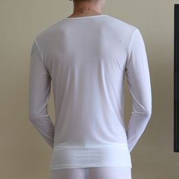 CLEVER-MENMODE Men's Ice Silk Thermal Underwear Long Johns Tops Elastic Sexy Ultra Thin Sheer Undershirt Sleepwear Tees Shirts