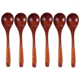 Spoons 6pcs Home Easy Clean For Soup With Khaki Wrapped Thread Honey Small Wooden Spoon Mixing Comfortable Handle Rice Stirring Smooth