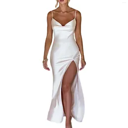 Casual Dresses 2024 Women's Satin Bodycon Long Dress Spaghetti Strap Cowl Neck Midi High Split Party