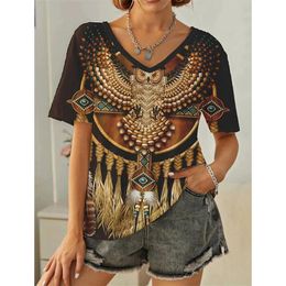 Aztec Western Ethnic Style T-shirt 3D Print Feather Tribal Graphic T Shirts Women Retro Y2k Top Streetwear Harajuku V-Neck Tees