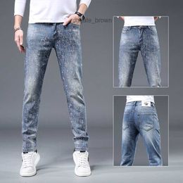 Trendy brand hot diamond jeans for men light blue 2023 summer slim fit small foot elastic high-end casual pants