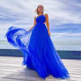 Sexy Long Royal Blue Tulle Prom Dresses With Side Cutout A-Line One Shoulder Pleated Floor Length Zipper Back Evening Dresses for Women