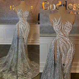 Fabulous crystal mermaid Evening Dresses elegant strapless Prom Dress backless beaded sweep train thigh split Formal dresses for women