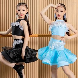 Stage Wear Blue Black Latin Dance Competition Clothes For Girls Sleeveless Samba Costumes Children'S Dancing Dresses SL10059