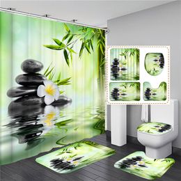 Full Set Bathroom Shower Curtain And Toilet Bath Mat Non-slip Rug Carpet Green Bamboo Bathroom Curtain For Bath Decoration