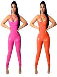 women jumpsuits sexy nightclub stretch pu leather tight sling jumpsuit Orange pink 2 Colours jumpsuits4637872