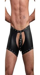 Women's Panties Sexy Men Rivet Faux Leather Shorts Pants Male Latex PVC Bondage Open Crotch Leggings Lace Up Fetish Cb Wear9498531