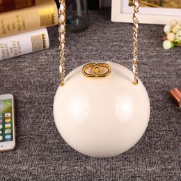 White Acrylic Pearl Wristlets Clutch Bags For Women Round Diamond Evening Party Handbag Metal Chain Shoulder Round Ball Bag Box