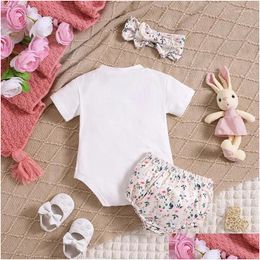 Clothing Sets Born Baby Girl Easter Outfit Short Sleeve Letter Print Romper Bodysuit Shorts Headband Summer Clothes Set Drop Delivery Otg8Z