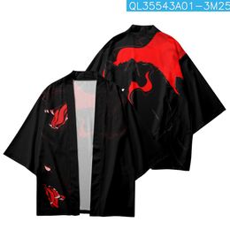 Traditional Anime Haori Kimono Black Wolf Print Cardigan And Shorts Summer Man Beach Yukata Japanese Cosplay Asian Clothes