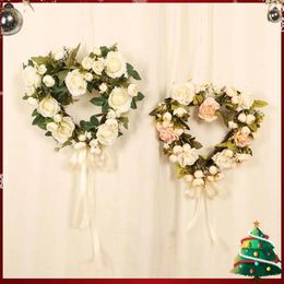 Decorative Flowers Heart Shaped Wreath Flower With Bow Artificial Rose Floral For Valentines Day Wedding Front Door Decor