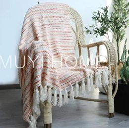 Blankets Bohemian Stripe Knitted Blanket Moroccan Handmade Tassel Bed End For Sofa Cover Office Shawl