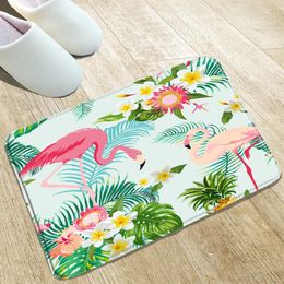 Bath Mats Flamingo Pattern Colourful Flowers Green Leaf Kitchen Toilets Front Hall Welcome Carpets Flannel Non-Slip Rugs Washable