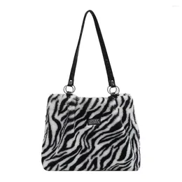 Totes Women Fashion Zebra Stripes Cow Print Shoulder Bags Winter Plush Shopping Bag