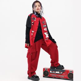 Kid Hip Hop Clothing Short Sleeve Print Shirt Top Red Casual Street Belt Cargo Pants for Girl Boy Rapper Dance Costume Clothes