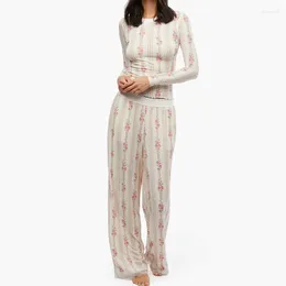 Home Clothing Gaono Women 2 Piece Pajama Set Long Sleeve Crop Tops T-shirt And Elastic Wide Leg Pants Loungewear Comfy Sleepwear Nightwear